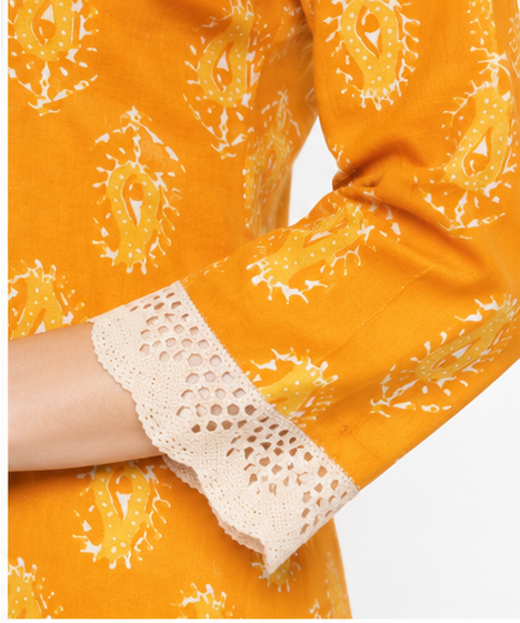 Women's Mustard Yellow Printed Cotton Straight Kurti