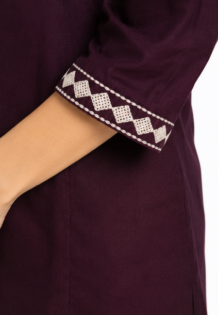 Women's Plum Purple Embroidered Cotton Short Kurti