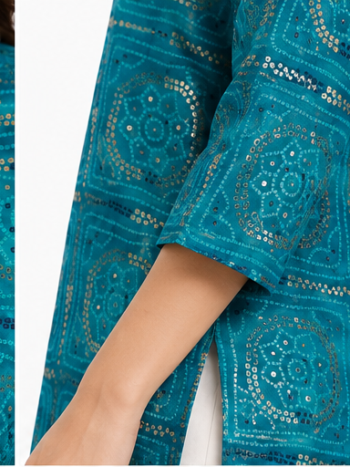 Women's Teal Blue Printed Cotton Straight Kurti