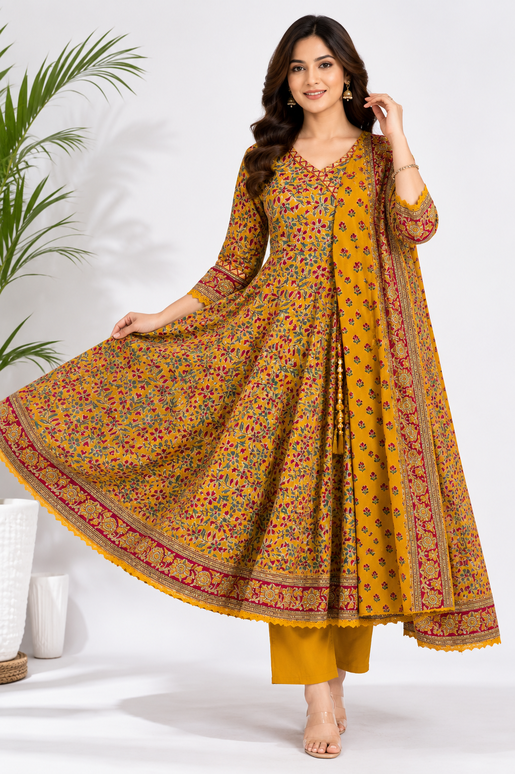 Mustard Printed Angrakha Suit Set with Pants & Dupatta
